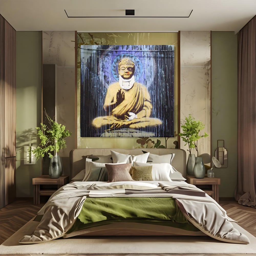 Tablou canvas cu tablou canvas cu statuie buddha stilizata, fara rama, pe sasiu de lemn, pe perete intr-un dormitor